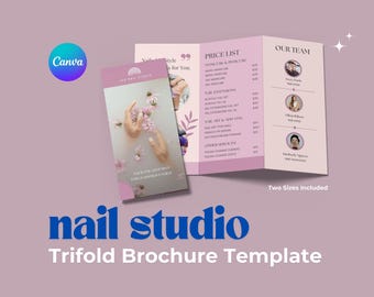 Plantilla de folleto tríptico moderno para salón de uñas en rosa (Canva, tamaño carta y A4)