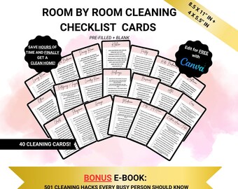 Room by Room Cleaning Checklist Cards: Chore Tracker (Digital Download)