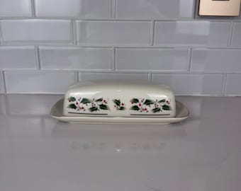 Share the Joy Christmas Holly Fine China Covered Butter Dish Japan Gold Trim