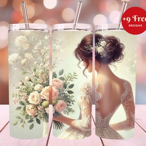 Puede incluir: Un juego de tres vasos aislados de acero inoxidable con diseños florales y nupciales. Uno presenta un ramo de rosas rosas y flores blancas. Otro muestra a una novia con un vestido de encaje. El tercer vaso tiene el texto "+9 Free Designs".