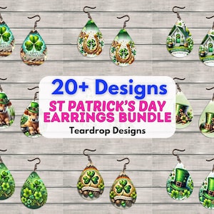 May include: A set of 20+ teardrop-shaped earrings with various St. Patrick's Day designs. The earrings feature shamrocks, leprechauns, and other Irish-themed imagery.