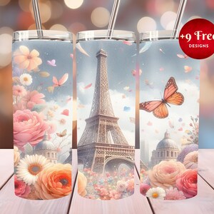 3D Eiffel Tower and Flowers 20 oz Skinny Tumbler,Sublimation Design,Paris Tumbler Template Design,Tumbler Wrap,Instant Digital Download,PNG,