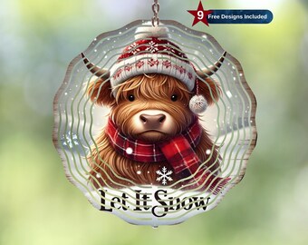 May include: A round wooden ornament featuring a Highland cow wearing a red and white hat and scarf. The cow is set against a snowy background with the words "Let It Snow". A red star with the text "9 Free Designs Included" is in the upper right corner.