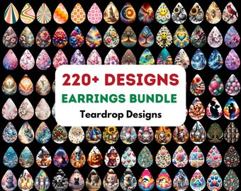 May include: A collection of 220+ teardrop-shaped earring designs. The earrings feature a variety of colourful and whimsical patterns, including animals, flowers, and abstract designs. The text "220+ DESIGNS EARRINGS BUNDLE Teardrop Designs" is displayed in the centre of the image.
