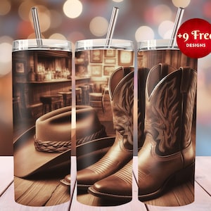 Stivali da cowboy e cappello 3D nel bicchiere sottile da 20 once del bar, design a sublimazione, modello di design del bicchiere, involucro del bicchiere, download digitale, PNG,