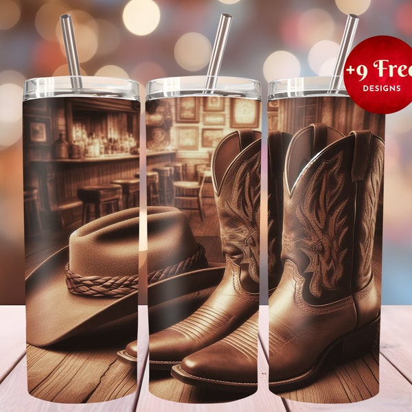 Botas y sombrero de vaquero 3D en el vaso flaco de 20 oz de la barra, diseño de sublimación, diseño de plantilla de vaso, envoltura de vaso, descarga digital, PNG,