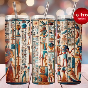 May include: Three 20 oz stainless steel tumblers with a colorful Egyptian hieroglyphic design. The tumblers are perfect for keeping drinks cold or hot.