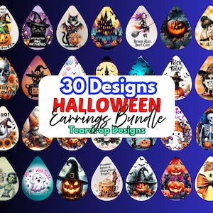May include: A collection of 30 Halloween-themed teardrop earrings. Designs include pumpkins, witches, cats, ghosts, and skulls. Text includes "Happy Halloween", "Trick or Treat", and "Boo!". The earrings are colorful and feature various Halloween motifs.