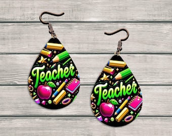 Neon Teacher Life Earring,Sublimation Design,Earring Template PNG,Teacher's Day Earring Design Png,Printable Earring,Instant Download Png
