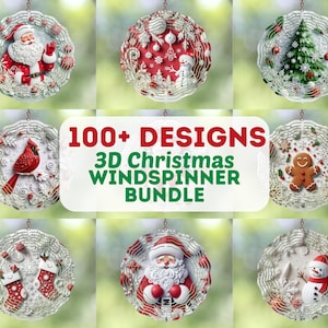 Könnte beinhalten: Eine Sammlung von 3D-Weihnachts-Windspinner-Designs. Das Bild zeigt verschiedene runde Ornamente mit festlichen Themen, darunter Weihnachtsmänner, Schneemänner, Weihnachtsbäume und Lebkuchenmänner. Der Text in der Mitte lautet "100+ DESIGNS 3D Christmas WINDSPINNER BUNDLE."