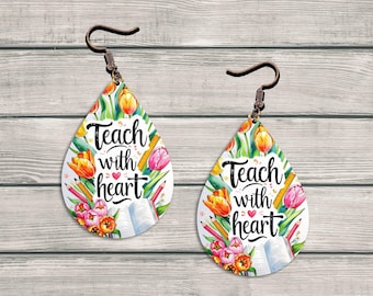 Teach With Heart Earring,Sublimation Design, Earring Template PNG, Teacher's Day Earring Design Png,Printable Earring,Instant Download Png
