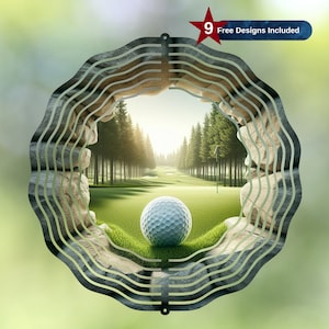 May include: A metal wind spinner with a golf ball and a green golf course scene inside. The wind spinner is shaped like a circle with a stone-like design.