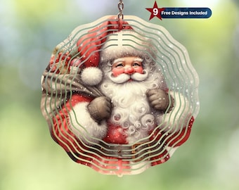 May include: A round Christmas ornament featuring Santa Claus in a red suit and hat, with a white beard and a bag of gifts. The ornament has a wavy, layered design around the edges and includes the text "9 Free Designs Included".