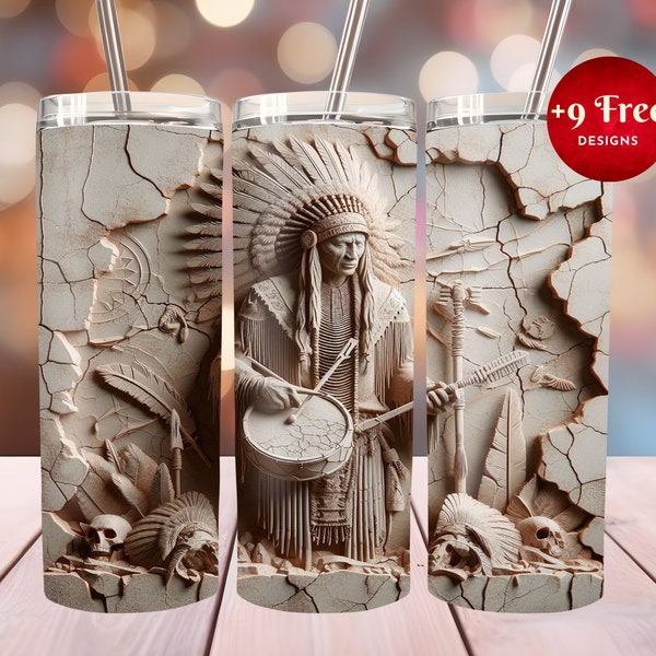 3D Native American Carved on The Wall 20 oz Skinny Tumbler,Sublimation Design,Tumbler Template Design,Tumbler Wrap,Digital Download,PNG,drum