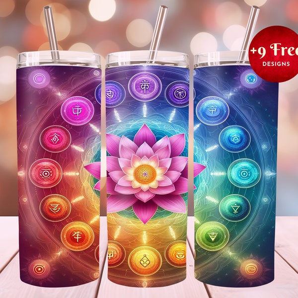 3D Chakra Colors and Pink Lotus Flower 20 oz Skinny Tumbler,Sublimation Design, Tumbler Template Design,Tumbler Wrap,  Digital Download,PNG