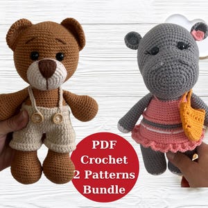 Bear and Hippo Crochet Patterns Bundle,Crochet Toy Patterns,Amigurumi pattern Bundle pdf, Easy Holiday Amigurumi Crochet Pattern Pdf,Digital