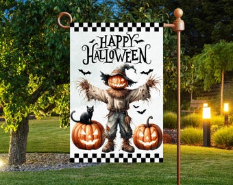May include: A Halloween garden flag featuring a scarecrow with a jack-o'-lantern head, standing between two pumpkins. A black cat sits on one pumpkin. The flag has the words "Happy Halloween" and bats. The top and bottom borders are black and white checkered.
