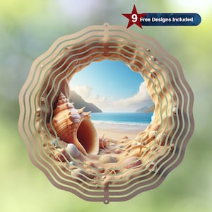May include: A metal wind spinner with a circular design featuring a seashell and a beach scene. The spinner has a layered, wavy pattern and is decorated with seashells and starfish.