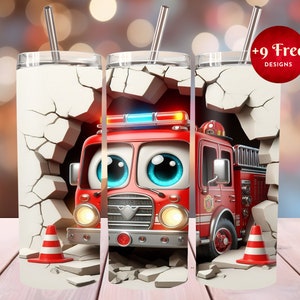 3D Cartoon Feuerwehrauto Loch in einer Wand 20 Unzen Skinny Tumbler, Sublimation Design, Tumbler Template Design, Tumbler Wrap, digitaler Download, PNG