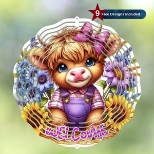 Highland Cow Welcome  Wind Spinner Sublimation Design,Cute Cow Wind Spinner Template, Garden Wind Spinner Png, Instant Digital Download PNG