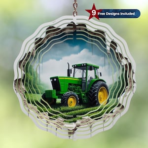 May include: A green and black tractor with a blue sky and green grass in the background. The tractor is a metal wind spinner with a circular design.