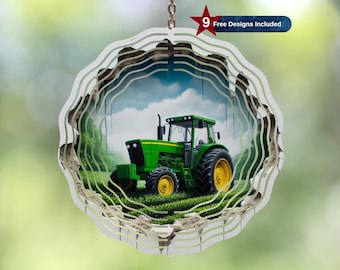 May include: A green and black tractor with a blue sky and green grass in the background. The tractor is a metal wind spinner with a circular design.