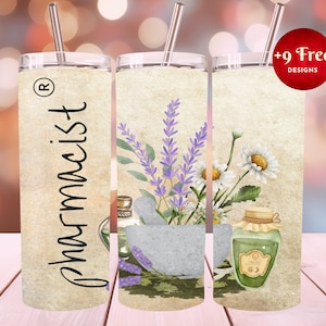 Apotheker, madeliefje en lavendel, 20 oz magere beker, sublimatieontwerp, sjabloonontwerp beker, pharma Tumbler Wrap, Instant Download, PNG