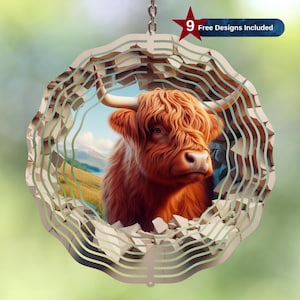 3D Highland vache éolienne en sublimation design, modèle mignon éolienne Highlandcow, hélice de jardin Png, téléchargement numérique instantané PNG