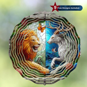 May include: A round, layered stained-glass design featuring a lion and a deer facing each other. The lion is orange and yellow, while the deer is white. A butterfly and the text "9 Free Designs Included" are also visible.