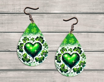 St Patrick Herz Teardrop Ohrring, Sublimationsdesign, Kleeblatt Ohrring Vorlage PNG, Ohrring Design Png, Druckbarer Ohrring, Sofort Download