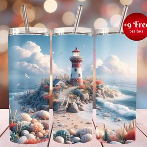 May include: A white and red lighthouse with a blue sky and ocean background. The lighthouse is on a rocky island with green plants and seashells. The image is for a tumbler.