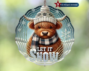 May include: A round ornament featuring a Highland cow wearing a winter hat and scarf. The cow has long, shaggy brown fur and is set against a snowy background. The text "LET IT SNOW" is displayed at the bottom. The ornament includes the text "9 Free Designs Included".