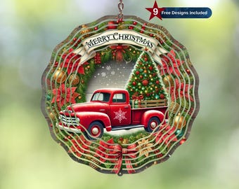 May include: A layered wooden Christmas ornament featuring a red truck carrying a Christmas tree. The ornament has a wreath design with the words "Merry Christmas" on a banner. The ornament includes a snowflake and the text "9 Free Designs Included".