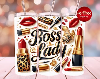 May include: Three stainless steel tumblers with a white background and a design of red lipstick, gold makeup brushes, and the words "Boss Lady".