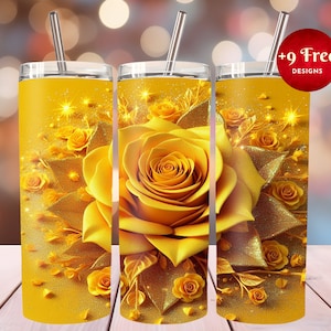 May include: A yellow glitter tumbler with a design of yellow roses and leaves. The tumbler has a straw and a lid.