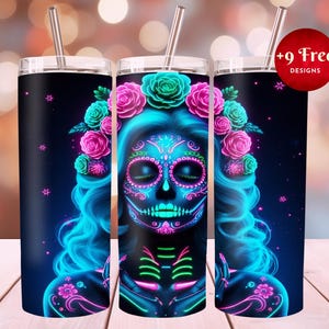 Neon Sugar Skull 20 oz Skinny Tumbler,Sublimation Design, Neon Sugar Skull Bride Tumbler Template Design, Tumbler Wrap,Instant Download,PNG