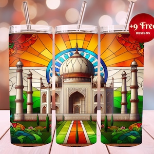 Stained Glass Taj Mahal 20 oz Skinny Tumbler,Sublimation Design,Temple Tumbler Template Design, Indian Tumbler Wrap, Digital Download,PNG