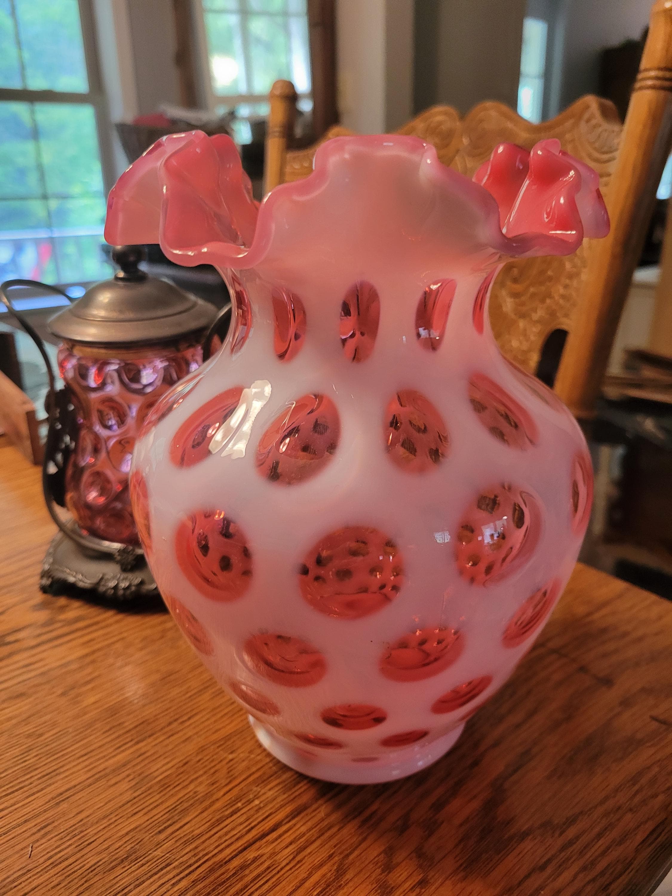 専用 Fenton/フェントン クランベリー コインドット ピンク U.S.A. Fenton Coin Dot Ruffled Vase, Shape 1925 6