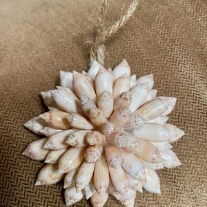 May include: A circular ornament crafted from numerous small, light-colored, pointed seashells arranged in a dense, radiating pattern. The shells are primarily cream and pale tan in color. A loop of natural brown jute twine is attached to the top.