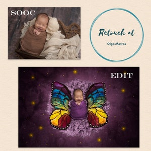 May include: A newborn baby wrapped in a purple swaddle is lying on a purple fuzzy surface with a large colorful butterfly wings behind them. The background is a dark purple with yellow lights.