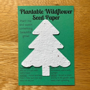 May include: A green card with the text "Plantable Wildflower Seed Paper" and planting instructions. A white tree-shaped seed paper is in the centre. The card is on a wooden surface.