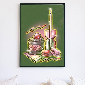 Stampa d'arte Fraise Chocolat l A5 A4 A3 l illustrazione nature morte, gâteau chocolat, bougie, macarons