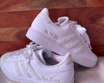 All White | CUSTOMIZED Pearl Embellished Adidas with White Satin Shoe Laces