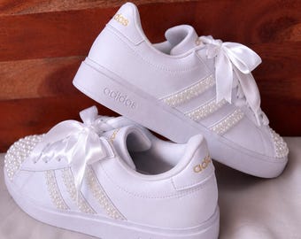 All White |  Pearl Embellished Adidas with White Satin Shoe Laces (JUST PEARLS)