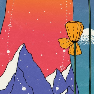 May include: A stylized illustration of a yellow flower with a long stem against a background of a red, orange, and blue sky with white dots.  The flower is in front of a mountain range with white snow peaks.