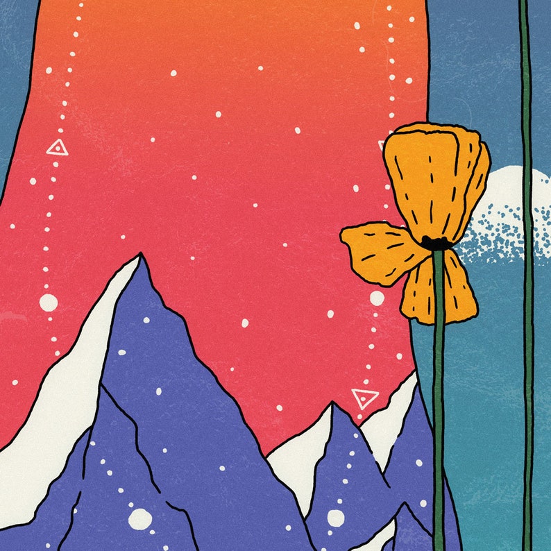 May include: A stylized illustration of a yellow flower with a long stem against a background of a red, orange, and blue sky with white dots.  The flower is in front of a mountain range with white snow peaks.