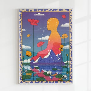 May include: A colorful illustration of a person meditating in a lotus position, surrounded by flowers and mountains. The person is made up of a starry sky and the mountains are blue and purple. The background is a gradient of purple and pink.