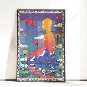 May include: A colorful illustration of a person meditating in a peaceful landscape. The person is surrounded by flowers, mountains, and a body of water. The image is filled with vibrant colors and intricate details.