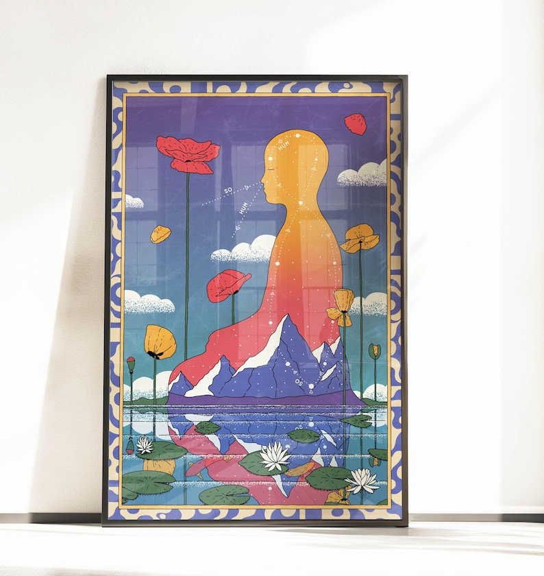 May include: A colorful illustration of a person meditating in a peaceful landscape. The person is surrounded by flowers, mountains, and a body of water. The image is filled with vibrant colors and intricate details.