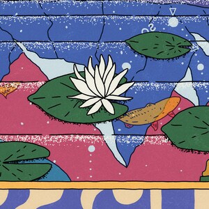 May include: A stylized illustration of a pond with a white water lily, green lily pads, and orange fish swimming in the water. The background is a blue and pink abstract design.